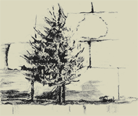 a drawing of a christmas tree leaning in front of a decaying stone wall, in black ink on brown paper