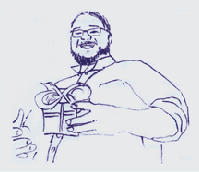 a line drawing of a man with glasses and a beard smiling and holding a wrapper present, in purple ink on grey paper
