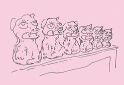 a simple line drawing of a shelf with six fu dog sculptures that recede in size from left to right, in black ink on pink paper