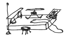 A black and white line drawing of a simple platform with various objects on and adjacent to it