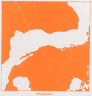 an abstract drawing printed in orange on grey paper that resembles like a map of some kind
